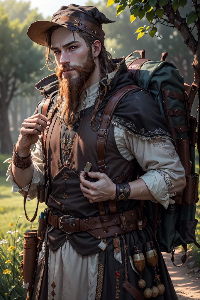 Cette image montre un homme debout dans une forêt. Il porte un gilet en cuir marron, une chemise blanche et un sac à dos en cuir marron. Il a une épée suspendue à sa ceinture et un poignard sur sa hanche gauche. Il porte également un chapeau en cuir marron et a une écharpe verte autour du cou. Il a une barbe et des cheveux longs bruns. Il semble être un voyageur ou un aventurier.