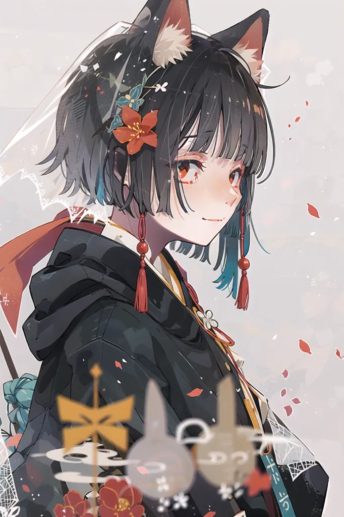 La imagen es de una mujer joven con cabello negro y orejas de gato. Está usando un kimono negro con acentos rojos y blancos. Hay flores rojas y blancas en su cabello. Tiene una sonrisa suave en su rostro y mira ligeramente hacia la derecha. Hay algunos pétalos blancos y rojos cayendo a su alrededor.