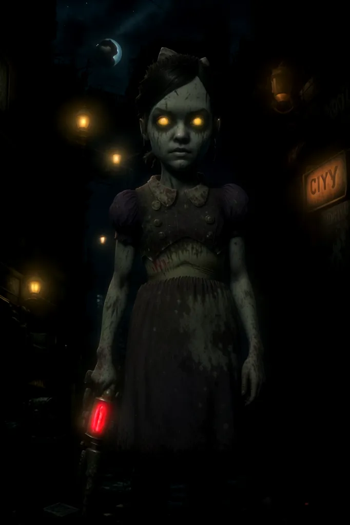 The image is of a  Little Sister from the BioShock video game series. She is a young girl who has been genetically modified to harvest ADAM, a valuable resource that can be used to enhance human abilities. Little Sisters are typically accompanied by Big Daddies, who protect them from harm. In this image, the Little Sister is holding a syringe filled with ADAM. She is standing in a dark alleyway, and there are several lights in the background. The Little Sister's eyes are glowing yellow, which indicates that she is in a state of heightened awareness. She is also barefoot and has a ragged dress.