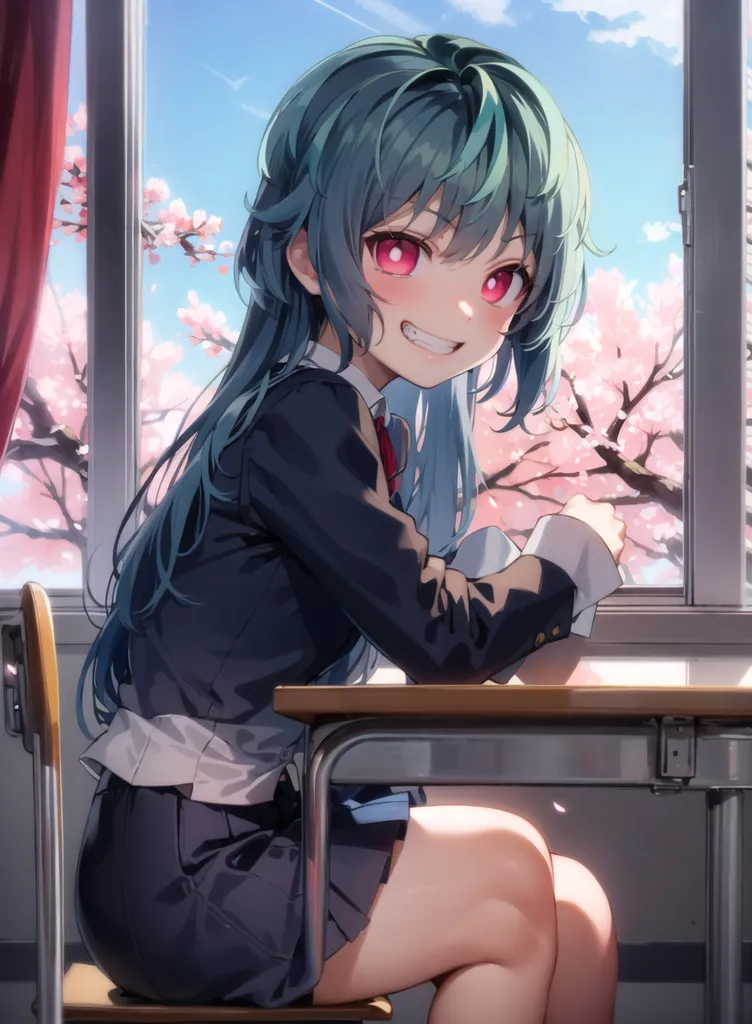 The image shows an anime-style girl with long green hair and red eyes. She is wearing a school uniform consisting of a black blazer, white shirt, and gray skirt. She is sitting in a classroom, with a large window behind her showing a cherry blossom tree in bloom. The girl has a mischievous smile on her face, and she is looking at the viewer with one eye closed.