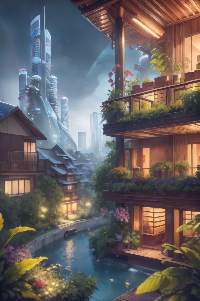 The image shows a street in a futuristic city. The street is lined with traditional Japanese-style houses. The houses are made of wood and have tiled roofs. There are flowers and plants growing on the balconies of the houses. The street is lit by lanterns. There is a river running through the middle of the street. The river is surrounded by trees and plants. There are people walking on the street. The people are wearing traditional Japanese clothing. The image is peaceful and serene.