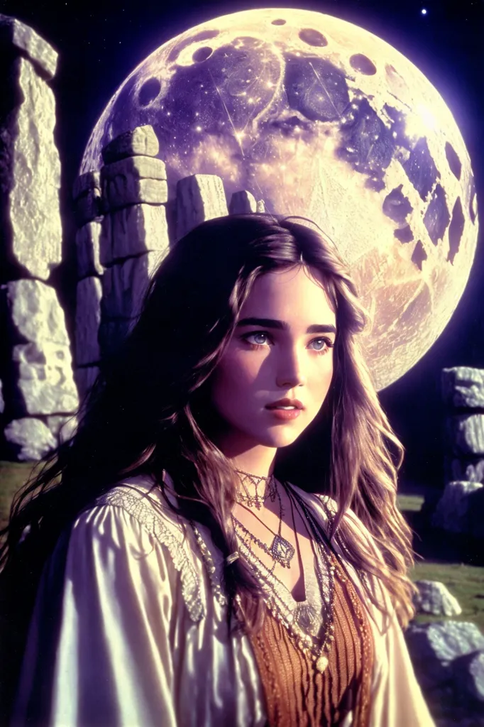 This image shows a young woman standing in front of a large moon. The moon is full and has a blue tint. The woman is wearing a white dress with a brown corset. She has long brown hair and blue eyes. She is looking at the moon with a serious expression. There are some ruins behind her.