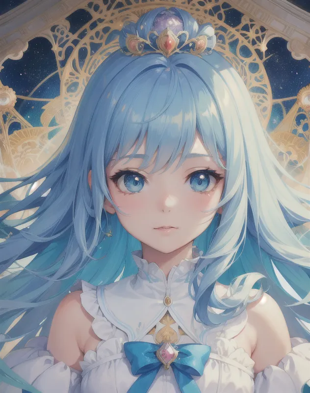 This is an image of an anime girl with long blue hair and blue eyes. She is wearing a white dress with a blue bow. There is a gold crown on her head. She is standing in front of a starry background with a golden frame around her.