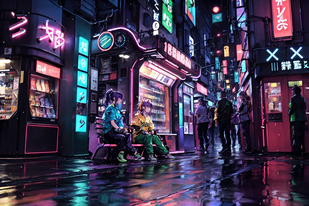 The image is set in a cyberpunk city at night. The street is wet from the rain, and the neon lights of the city are reflected in the puddles. There are people walking on the street in the background, and two girls are sitting on a bench in the foreground. The girls are both wearing casual clothes, and they have their hair dyed in bright colors. They are talking to each other, and they seem to be enjoying their time together. The city is full of people, and it looks like it is a very busy place. There are many different kinds of stores and restaurants, and there are people of all different cultures walking around. The city is very lively, and it looks like it would be a fun place to visit.