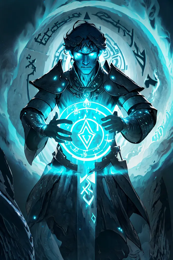 This is an image of a man standing in a dark place. He is wearing dark blue and black armor and has a glowing blue symbol in his hand. He has glowing blue eyes and a determined expression on his face.