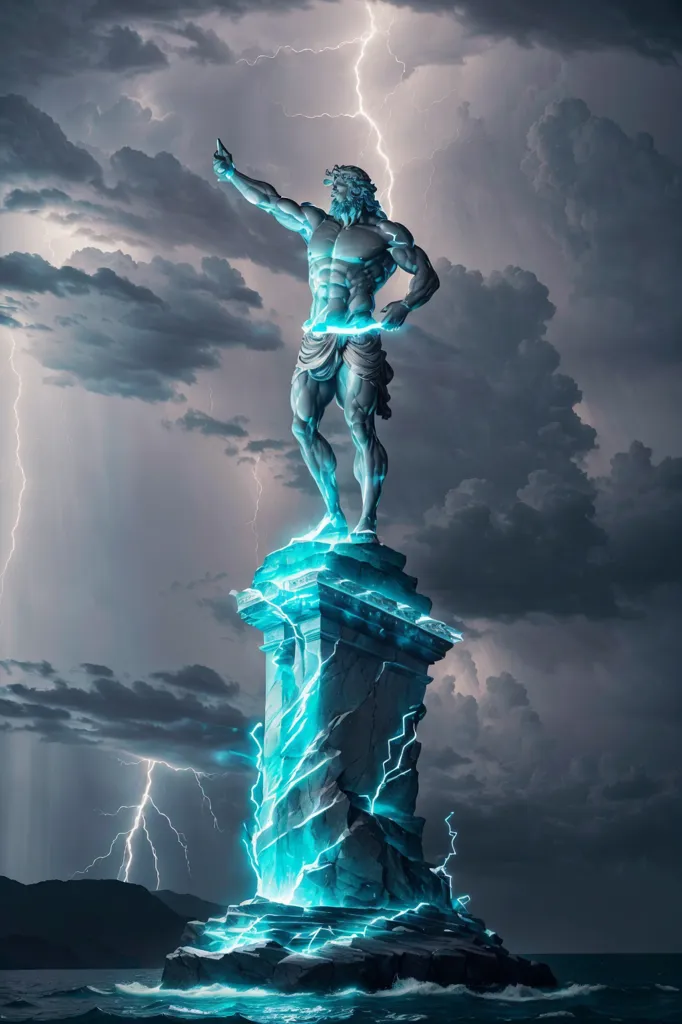 La imagen muestra a un dios griego, Zeus, de pie sobre una columna en medio del mar. Está sosteniendo un rayo en su mano derecha y mirando hacia el cielo. Hay nubes de tormenta en el fondo y los rayos están golpeando la columna.