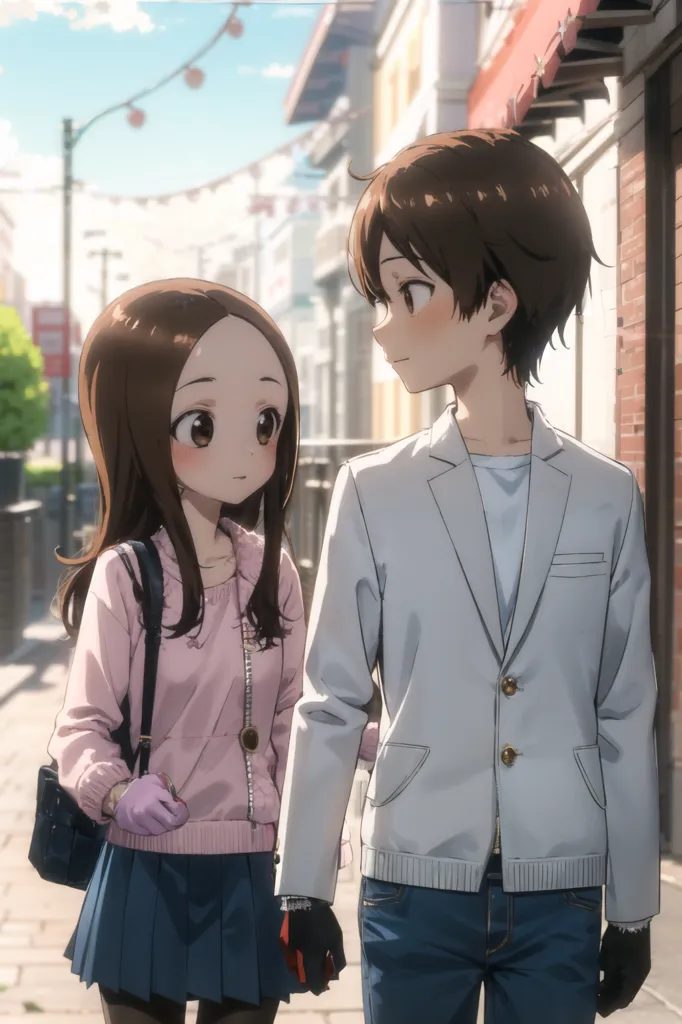 The image shows a young man and woman, both with brown hair, walking down a street in an urban setting. The man is wearing a white suit jacket over a white shirt and dark blue jeans. The woman is wearing a pink sweater, dark blue skirt, and black handbag. They are holding hands. The background is blurred, but there are some trees and buildings visible. The image has a warm and romantic atmosphere.