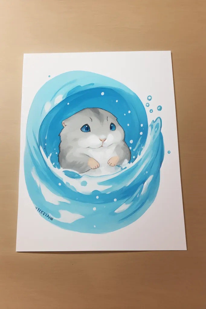 The image is a watercolor painting of a hamster sitting in a large wave of water. The hamster is gray and white with blue eyes, and it is sitting with its paws in front of it. The wave is blue and white, and it is splashing up around the hamster. The painting is done in a realistic style, and the artist has used light and shadow to create a sense of depth and movement. The painting is also very detailed, and the artist has captured the hamster's fur and the water's splashes in great detail.