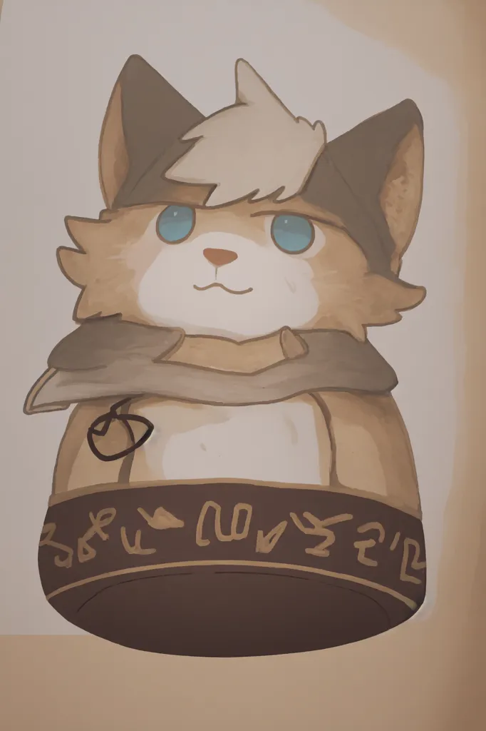 The image is of a cute cartoon cat. The cat is sitting down and has a big smile on its face. It has big blue eyes and a tuft of white hair on its head. Its ears are pointed and its tail is wrapped around its body. The cat is wearing a brown scarf with an ancient Egyptian hieroglyphics pattern.