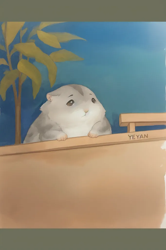 The image is a digital painting of a hamster looking out a window. The hamster is gray and white with a black nose and black eyes. It is sitting on a ledge with its paws on the windowsill. The window is blue and there is a plant with green leaves in the background. The painting is done in a realistic style and the artist has used soft colors to create a warm and inviting scene.