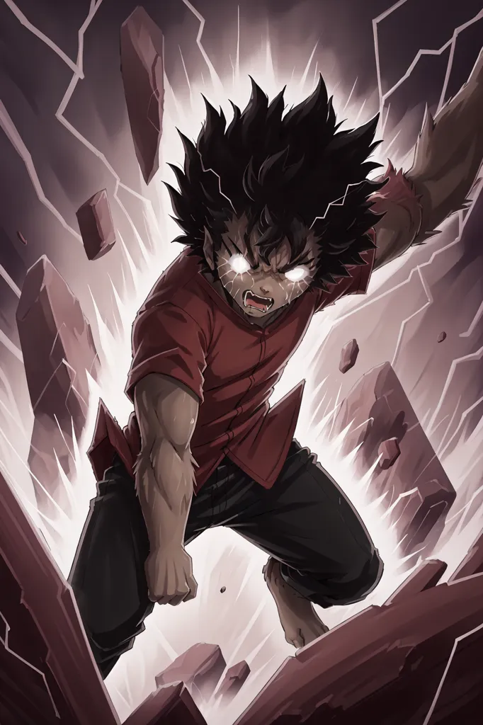 This is an illustration of a young man with dark hair and red eyes. He is wearing a red shirt and black pants. He is in the middle of an attack, with his right fist raised and glowing with white light. The background is a dark, stormy night, with lightning flashing in the distance. The ground around him is cracked and broken, as if from the force of his attack.