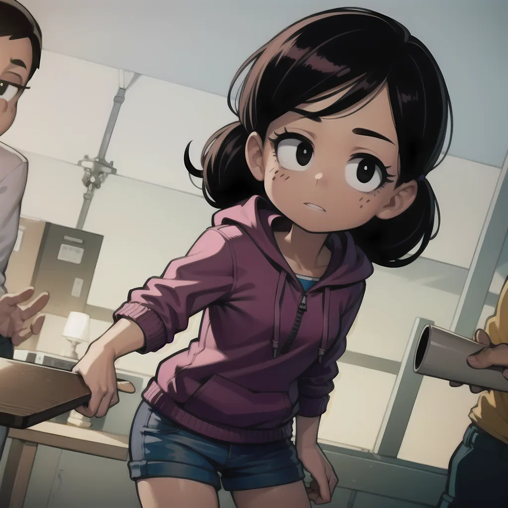 A young girl with brown hair and brown eyes is standing in a classroom. She is wearing a purple hoodie and blue shorts. She has her left hand out showing a 'stop' gesture, while looking at someone or something with a worried expression on her face. There are two other people in the background, a boy and a girl. The boy is wearing a white shirt and black pants. The girl is wearing a yellow shirt. They are both looking at the girl in the foreground.