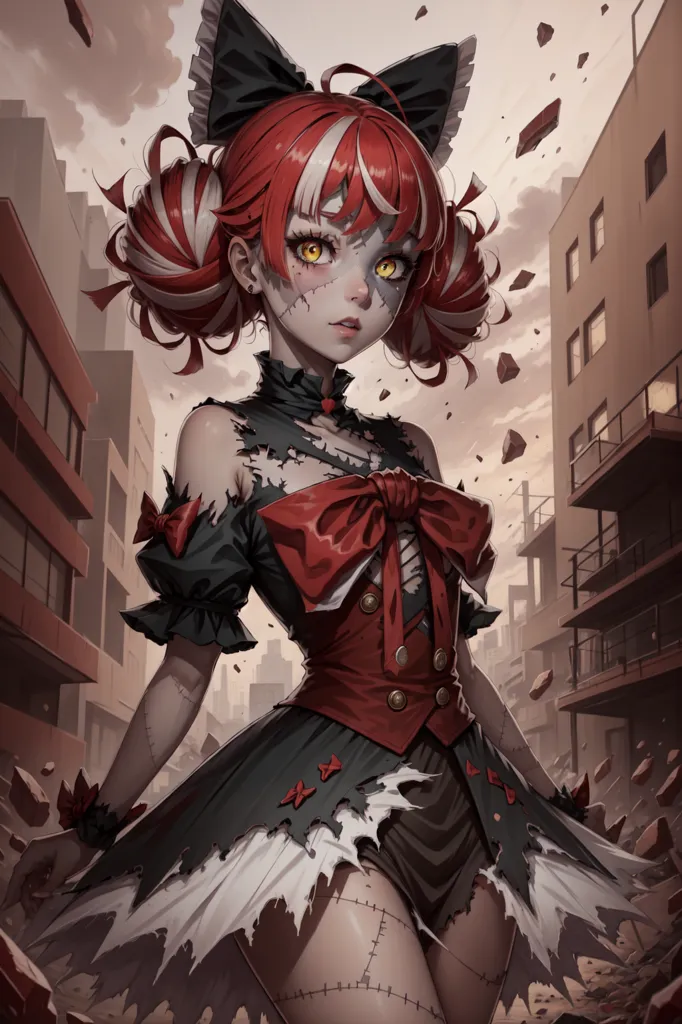 The image is of an anime girl with red and white hair, yellow eyes, and a red bow in her hair. She is wearing a tattered black and red dress with a white collar and a red bow on the front. She is also wearing black boots with red laces. She is standing in a ruined city with rubble all around her. There are large buildings in the background and a large clock tower in the distance. The sky is dark and cloudy.