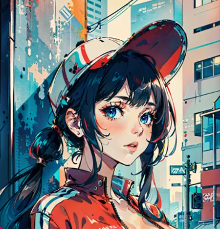 The image contains a young woman with blue hair and eyes. She is wearing a red and white baseball cap and a red jacket. She is standing in an urban setting, with buildings and streets in the background. The image is drawn in a realistic style, with vibrant colors and detailed shading.