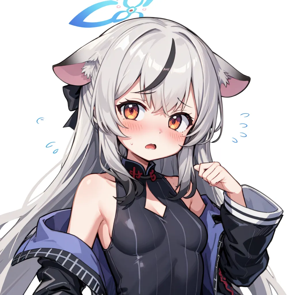 The image is of a catgirl with long silver hair and orange eyes. She is wearing a black and red cheongsam, and has a surprised expression on her face. She has cat ears and a halo above her head