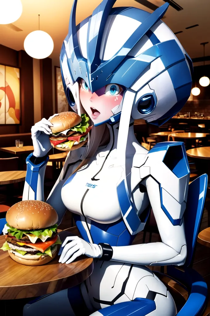 The image depicts a gynoid with long white hair and blue eyes. She is wearing a white and blue bodysuit with a large hamburger-shaped helmet. She is sitting in a restaurant and is eating a hamburger. There is another hamburger on the table in front of her.