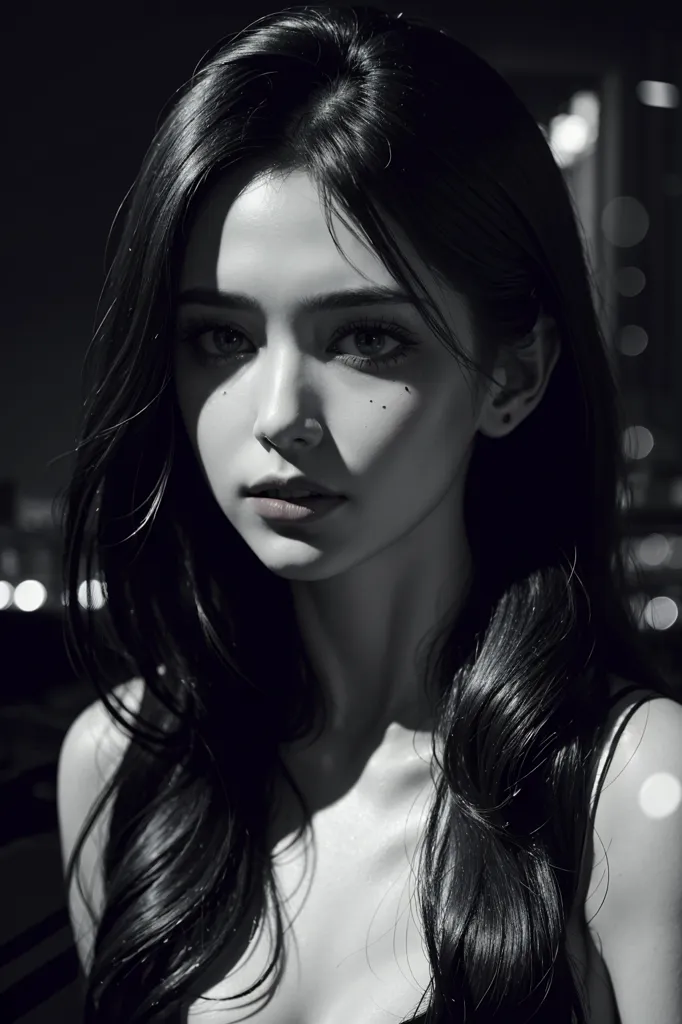 The image is in black and white. It shows a young woman with long, dark hair. She is looking at the camera with a serious expression. The image is cropped close to her face, so that her shoulders and chest are not visible. The background is blurred, so that the woman's face is the only thing in focus.