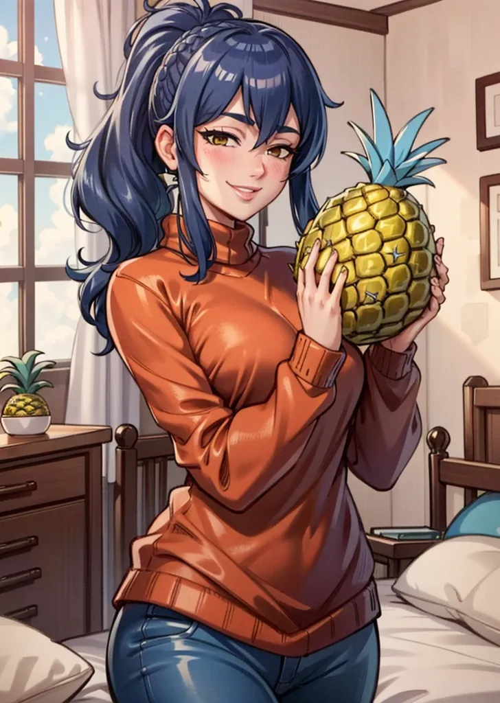 The image is a painting of a young woman with long blue hair and brown eyes. She is wearing a red turtleneck sweater and blue jeans. She is standing in a bedroom, and there is a pineapple on the bed behind her. The woman is smiling and holding the pineapple in her hands.