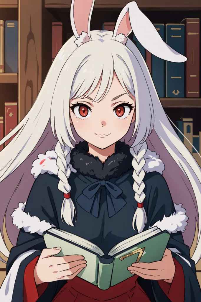 The image shows a young girl with long white hair and red eyes. She has rabbit ears and is wearing a black and white dress with a red ribbon. She is sitting in a library, surrounded by books. She has a book open in her hands and is smiling.