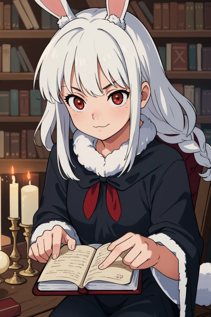 L'image montre une fille aux longs cheveux blancs et aux yeux rouges. Elle porte une robe noire avec un col blanc et un ruban rouge. Elle a des oreilles de lapin et est assise dans une bibliothèque, en train de lire un livre. Il y a des bougies sur la table à côté d'elle.