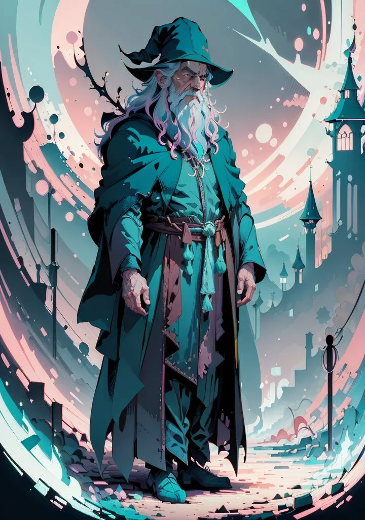 The image is of a tall, bearded wizard. He is wearing a blue robe and a tall, pointed hat. He has a long white beard and hair and is holding a staff in his right hand. He is standing in a ruined city surrounded by rubble. There are two towers in the background. The sky is a light blue color, and there are some clouds in the sky. The image has a painterly style and looks like it was created using digital painting software.