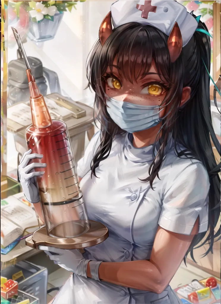 The image is of a beautiful young woman with dark skin, long brown hair, and yellow eyes. She is wearing a white nurse's uniform and a mask. She is holding a large syringe with a red liquid in it. There are medical supplies and flowers in the background. The woman has a serious expression on her face.