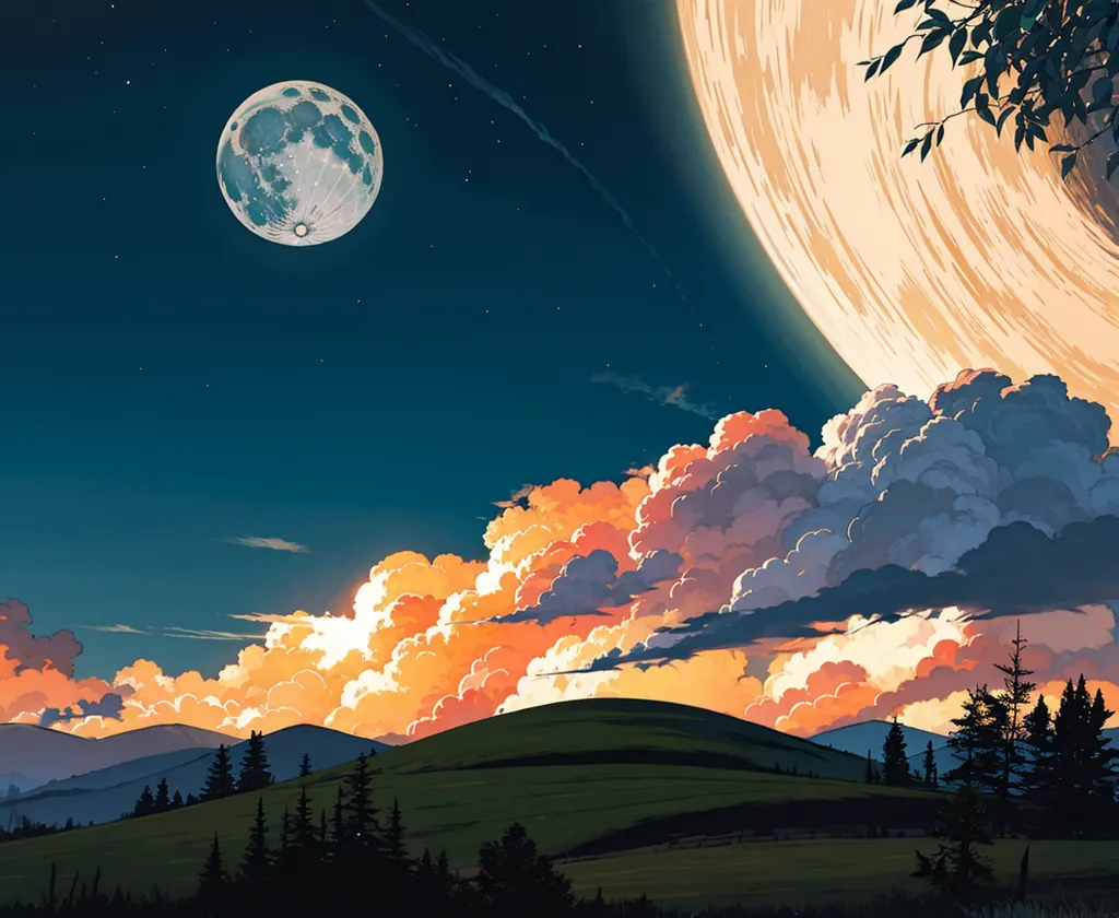 The image is a beautiful landscape painting. The sky is dark blue and filled with stars. There is a large moon on the left side of the painting. The moon is full and bright. There are some clouds in the sky. The clouds are white and fluffy. There is a mountain range in the distance. The mountains are covered in snow. There are some trees in the foreground of the painting. The trees are tall and green. There is a river running through the valley. The river is blue and clear. There is a small bridge over the river. The bridge is made of wood. There is a house on the right side of the painting. The house is small and white. There is a garden around the house. The garden is filled with flowers.