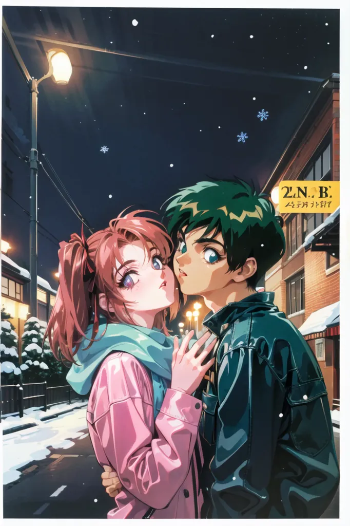 This is an illustration of a man and a woman standing close to each other on a snowy street. The man is wearing a black leather jacket and the woman is wearing a pink jacket. The street is lined with trees and there are buildings in the background. There is a street lamp on the left side of the image. The man and the woman are both looking at each other. The image has a romantic feel to it.