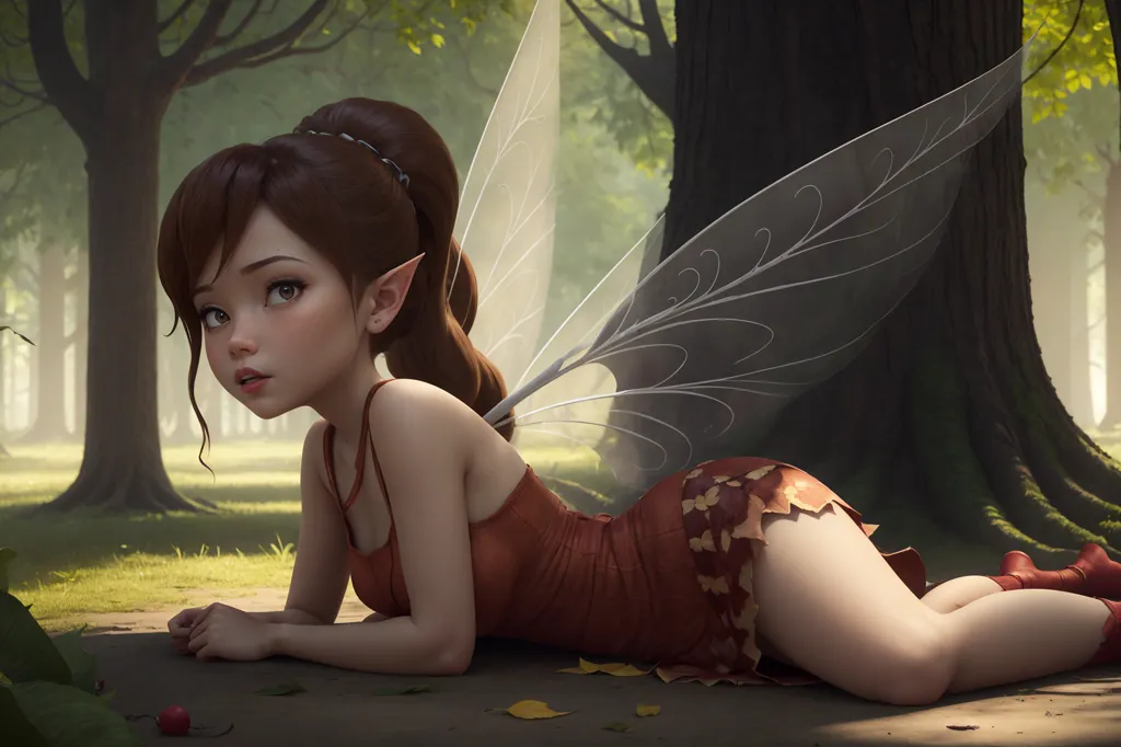 The image is of a fairy lying on the ground in a forest. She has brown hair and brown eyes, and is wearing a red dress with a leaf-like skirt. Her wings are a light blue color. She is lying on her side with her head resting on her hand. She has a curious expression on her face. There are several large trees in the background.