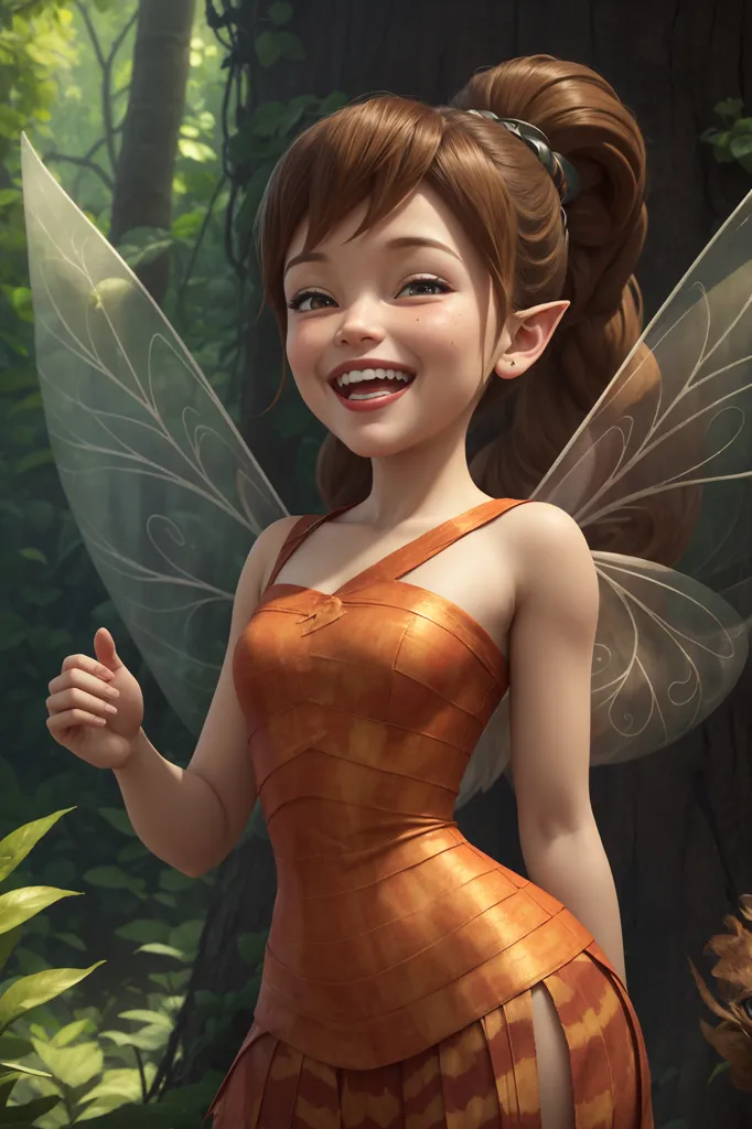 This image shows a 3D rendering of a fairy. She has pointy ears, brown hair tied in a ponytail, and translucent green wings. She is wearing an orange dress with a brown belt. She has a happy expression on her face and seems to be smiling at the viewer. The background is blurred and shows a forest setting with green leaves and branches.