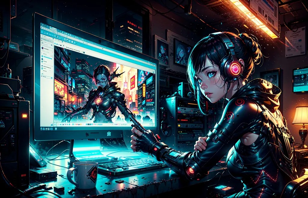 This is an image of a young woman sitting at a computer desk in a dark room. She is wearing a black leather jacket and headphones and has a serious expression on her face. She is looking at a computer monitor that displays an image of a futuristic city. The room is dimly lit and there are several other computer monitors and electronic devices on the desk.