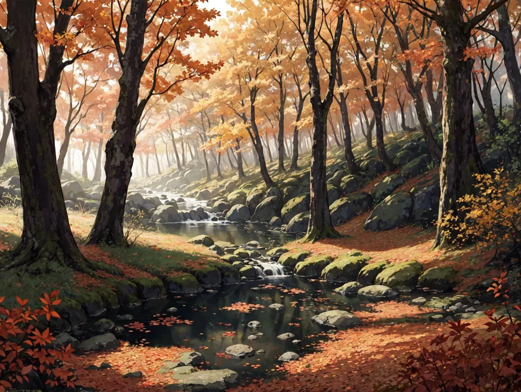 The image is a beautiful landscape of a forest in the fall. The trees are tall and majestic, and their leaves are a vibrant orange and yellow. The ground is covered in fallen leaves, and there is a small stream running through the middle of the forest. The water is crystal clear. There is a large rock in the middle of the stream, and the water is flowing over it. The sun is shining through the trees, and it is creating a beautiful pattern on the ground. The forest is full of life, and the air is filled with the sound of birds singing. It is a peaceful and serene scene.