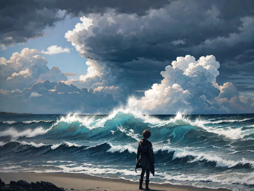 The image is of a person standing on a beach, looking out at the ocean. The waves are large and crashing against the shore. The sky is dark and cloudy. The person is wearing a dark coat and a hat. They are standing with their hands in their pockets. The image is in muted colors.