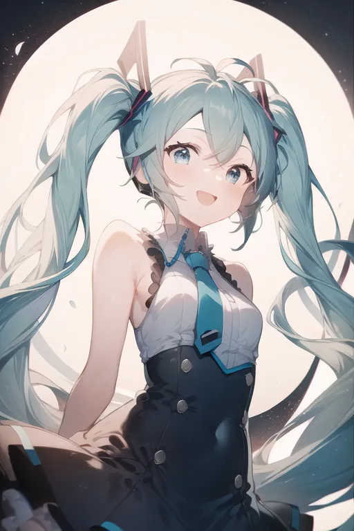 This is an image of a young girl with long, flowing teal hair. She is wearing a white and black dress with a blue tie. She has a crescent moon behind her, and she is smiling. She is sitting with her legs crossed, and her hands are resting on her lap. She is looking at the viewer with her head tilted slightly to the right.