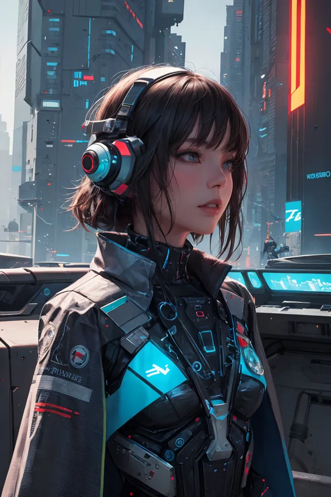 A young woman is standing in a futuristic city. She is wearing a black jacket and a pair of headphones. She has short brown hair and blue eyes. The city is full of tall buildings and flying cars. The woman is looking at something in the distance.