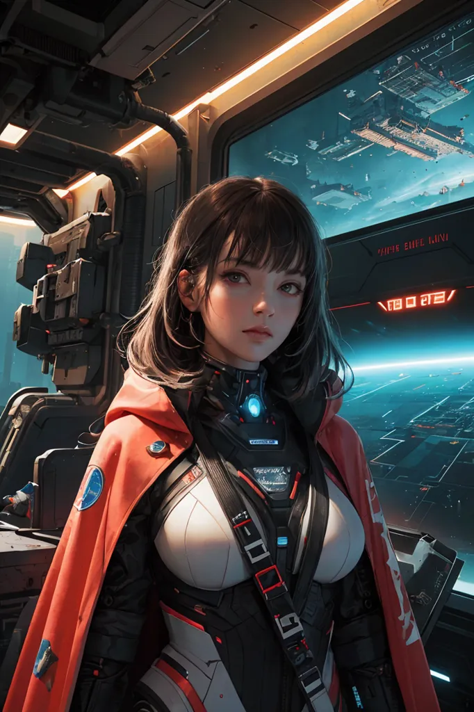 This is an image of a young woman standing in a spaceship. She has brown hair and brown eyes. She is wearing a white bodysuit and a red cape. There is a control panel on the left and a window on the right showing outer space.