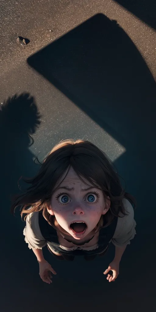 A girl with brown hair and blue eyes is looking up at something off-camera with her mouth wide open in shock. She is wearing a white shirt and there is a shadow of a person looming over her. The background is dark and out of focus.