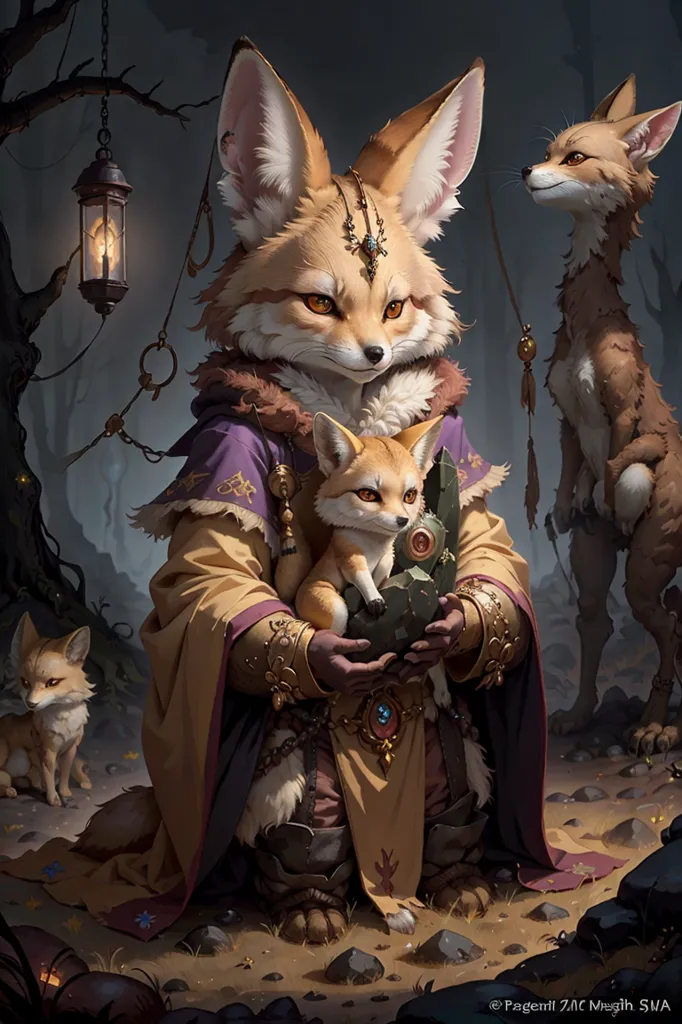 The image shows a group of anthropomorphic fennec foxes in a dark forest. The central figure is a tall, adult fennec fox wearing a yellow robe with a purple sash and a golden necklace. They have a staff in their right hand and are holding a small fennec fox kit in their left hand. The kit is holding a small, glowing plant. There are two other fennec foxes in the background, one standing on the left side of the image and the other on the right. The one on the left is smaller than the central figure and is wearing a green vest, while the one on the right is larger and has a yellow necklace. There is a lantern hanging from a tree branch on the left side of the image, and there are some rocks and plants on the ground.