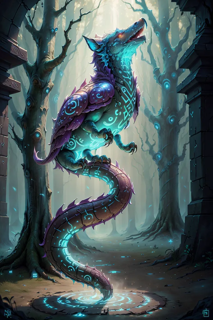 La imagen es una pintura digital de una criatura similar a un dragón de color púrpura y azul con un cuerpo serpentino largo y un par de alas emplumadas. La criatura está de pie sobre una plataforma de piedra en un bosque, rodeada de altos árboles y ruinas antiguas. El bosque es oscuro y misterioso, y la única luz proviene de unas pocas setas luminiscentes y de la propia bio-luminiscencia de la criatura. La criatura mira hacia el cielo, y sus ojos brillan con poder. La pintura está llena de colores vibrantes y detalles intrincados, y captura la belleza y el poder del mundo natural.