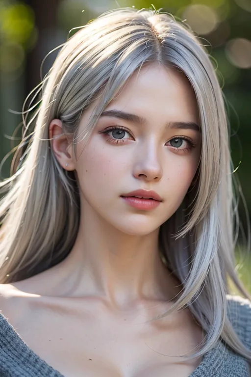 A imagem mostra uma jovem mulher com longos cabelos prateados e olhos azuis claros. Ela tem um sorriso suave no rosto e está olhando para o espectador. Sua pele é clara e sem defeitos, e seu cabelo está penteado de uma maneira que é tanto natural quanto elegante. Ela está usando um suéter cinza que está fora de seus ombros, e seus braços estão cruzados na frente dela. O fundo é um borrão de verde, o que sugere que ela está em um ambiente natural. A impressão geral da imagem é de beleza, serenidade e juventude.