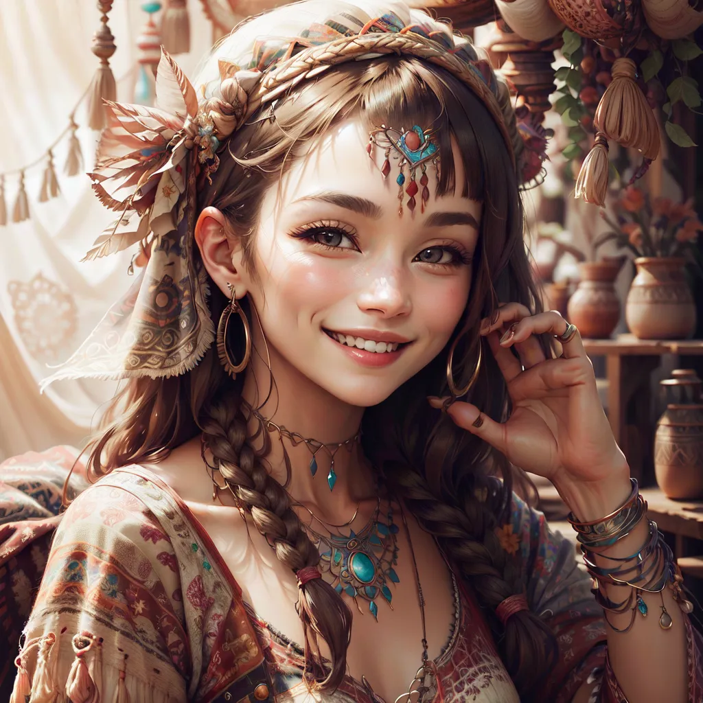 The image shows a beautiful young woman with long brown hair and brown eyes. She is wearing a colorful headband with feathers and beads, as well as several necklaces and earrings. Her outfit is also very colorful and consists of a long dress with a peasant-style top and long sleeves. She is smiling and has a happy expression on her face. The background is blurry but looks like it is a market or bazaar with shelves and hanging tapestries.