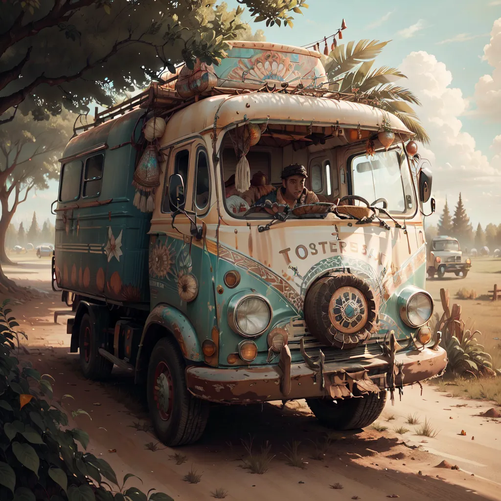 The image shows what looks like a post-apocalyptic scene. There is a blue and white van with a lot of decorations on it, parked on a dirt road. The van is surrounded by palm trees and other vegetation. There is a man sitting in the driver's seat. He is wearing a hat and sunglasses. The van has a surfboard on the roof. The sky is cloudy and there is a hint of sunlight peeking through the clouds. The image is very detailed and looks very realistic.