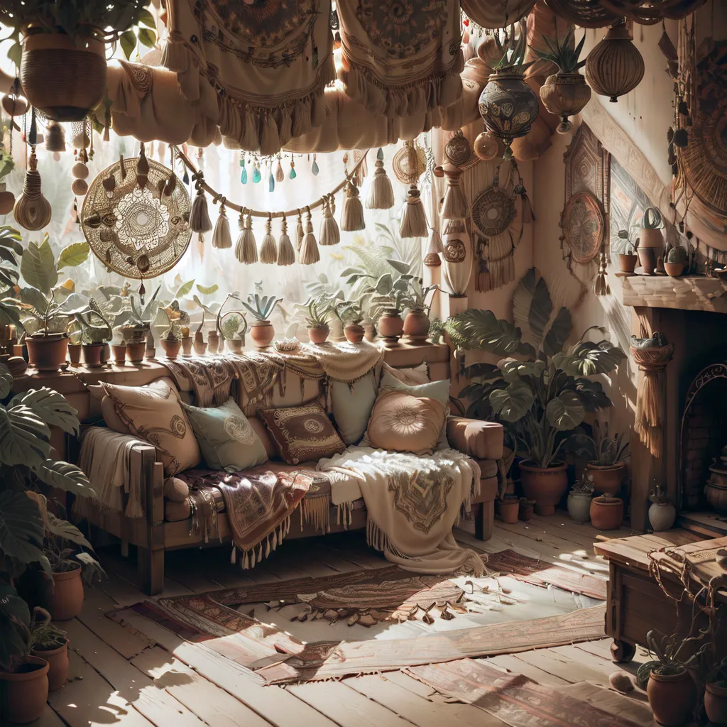 The image is a living room with a large window, a sofa, and a fireplace. The room is decorated in a boho style with lots of plants, pillows, and tapestries. The sofa is covered in pillows and blankets, and there is a large rug on the floor. The window is covered in curtains, and there are several plants in front of it. The fireplace has a fire burning in it, and there is a small table next to it with a vase of flowers on it.