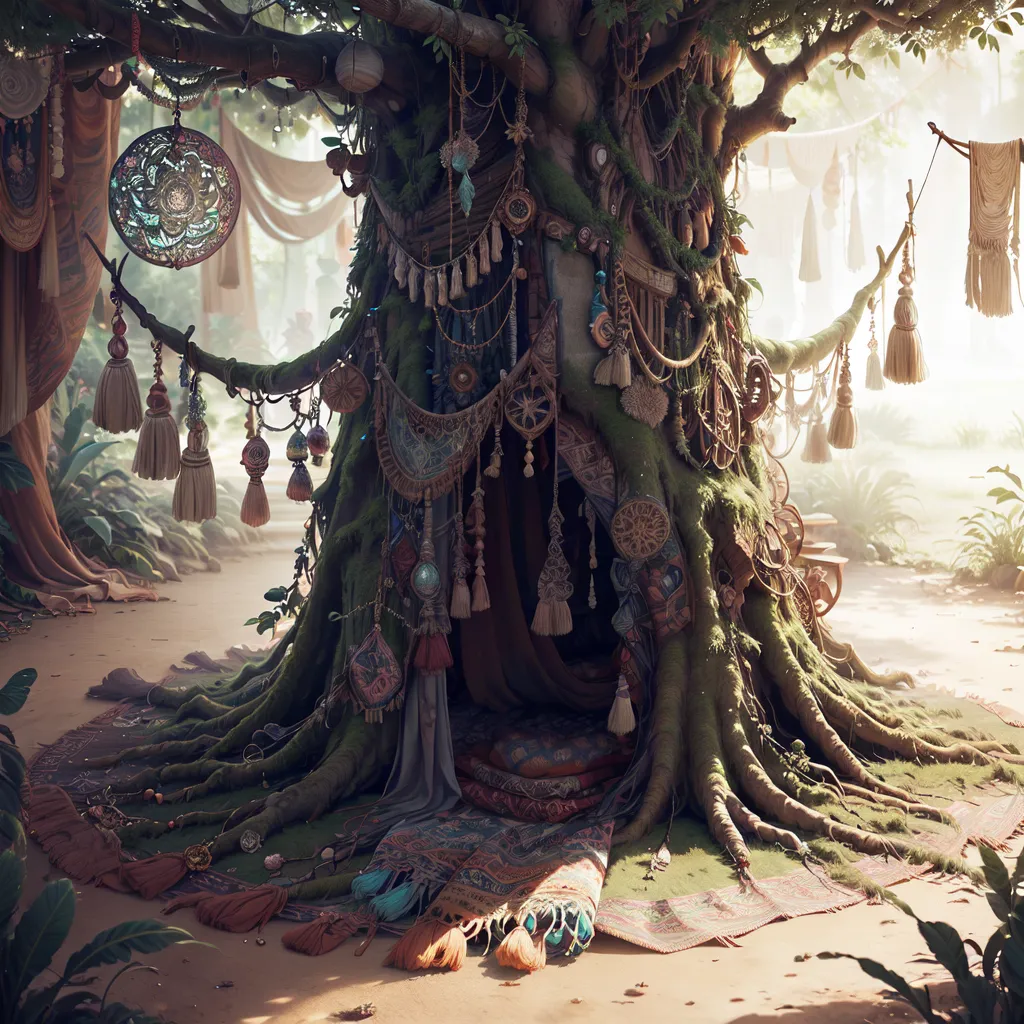 The image is a digital painting of a tree. The tree is large and has a thick trunk. It is covered in branches and leaves. There is a hole in the trunk of the tree and a bed inside the hole. The bed is made of colorful blankets and pillows. There are also a number of colorful objects hanging from the branches of the tree, including beads, scarves, and feathers. The ground around the tree is covered in sand and there are a number of plants growing in the sand.