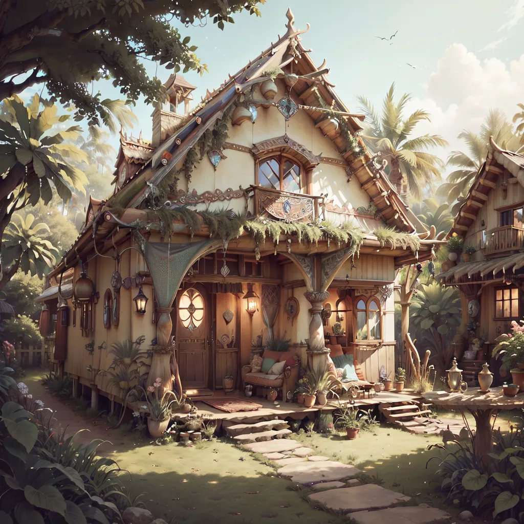 The image is a beautiful depiction of a small, magical cottage. The cottage is nestled in a lush, green forest and is surrounded by flowers and plants. The cottage itself is made of wood and has a thatched roof. It has a small porch with a bench and a few potted plants. The door is open, and a warm, inviting light is coming from inside. There is a path leading up to the cottage, and there are a few trees and bushes in the background. The overall atmosphere of the image is one of peace and tranquility.