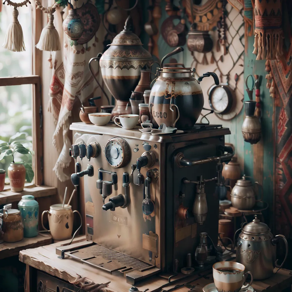 La imagen muestra una máquina de café vintage con una gran cantidad de herramientas y accesorios para hacer café. La máquina de café está hecha de metal y tiene muchas perillas, botones y medidores. Encima de la máquina de café hay dos ollas y una taza. También hay varios otros cafeteras y tazas sobre la mesa junto a la máquina de café. El fondo de la imagen es una pared con una gran cantidad de diferentes decoraciones, incluyendo alfombras, tapices y pinturas.