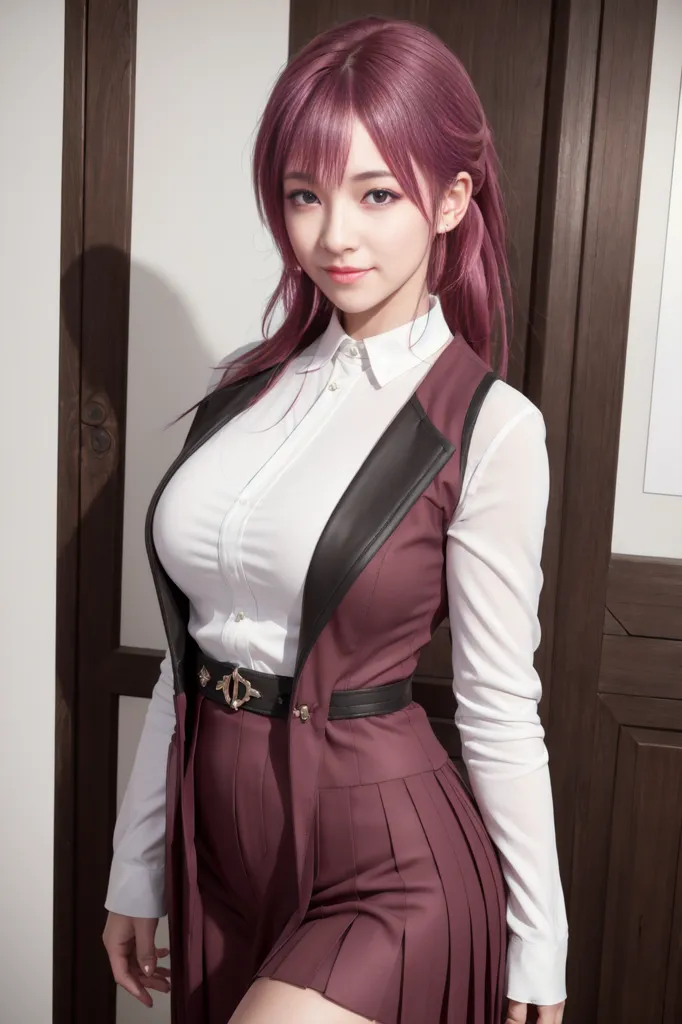 The image shows a young woman with pink hair and purple eyes. She is wearing a white blouse, a black vest, and a pleated skirt. The blouse is unbuttoned at the collar, and the vest is cinched at the waist with a black belt with a gold buckle. The skirt is short, and it flares out at the bottom. The woman is standing in front of a wooden door.