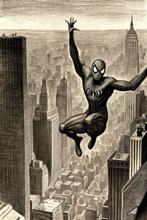 The image is a black-and-white drawing of Spider-Man swinging between two skyscrapers. He is wearing his classic red and blue suit, and he is surrounded by tall buildings. The city is drawn in a realistic style, and the image has a lot of detail. Spider-Man is in the foreground, and he is looking towards the right of the image. He has just released a web from his right hand, and he is swinging towards the building on the right. His left arm is extended in front of him, and his right arm is back behind him. His legs are bent at the knees, and his feet are pointing downward. The image is drawn in a dynamic style, and it captures the sense of movement and excitement of Spider-Man swinging through the city.