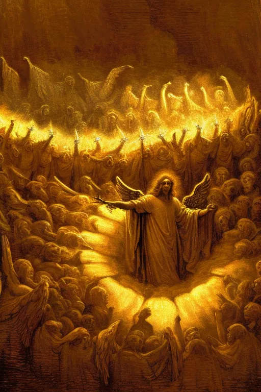 The image is a painting of a scene from the Book of Revelation. It shows a multitude of angels gathered around Jesus Christ. Jesus is standing in the center of the image, with his arms outstretched. He is surrounded by a bright light, and his face is radiant. The angels are all around him, and they are all looking at him with adoration. The painting is done in a realistic style, and the details are very impressive. The colors are also very vibrant, and they help to create a sense of awe and wonder.