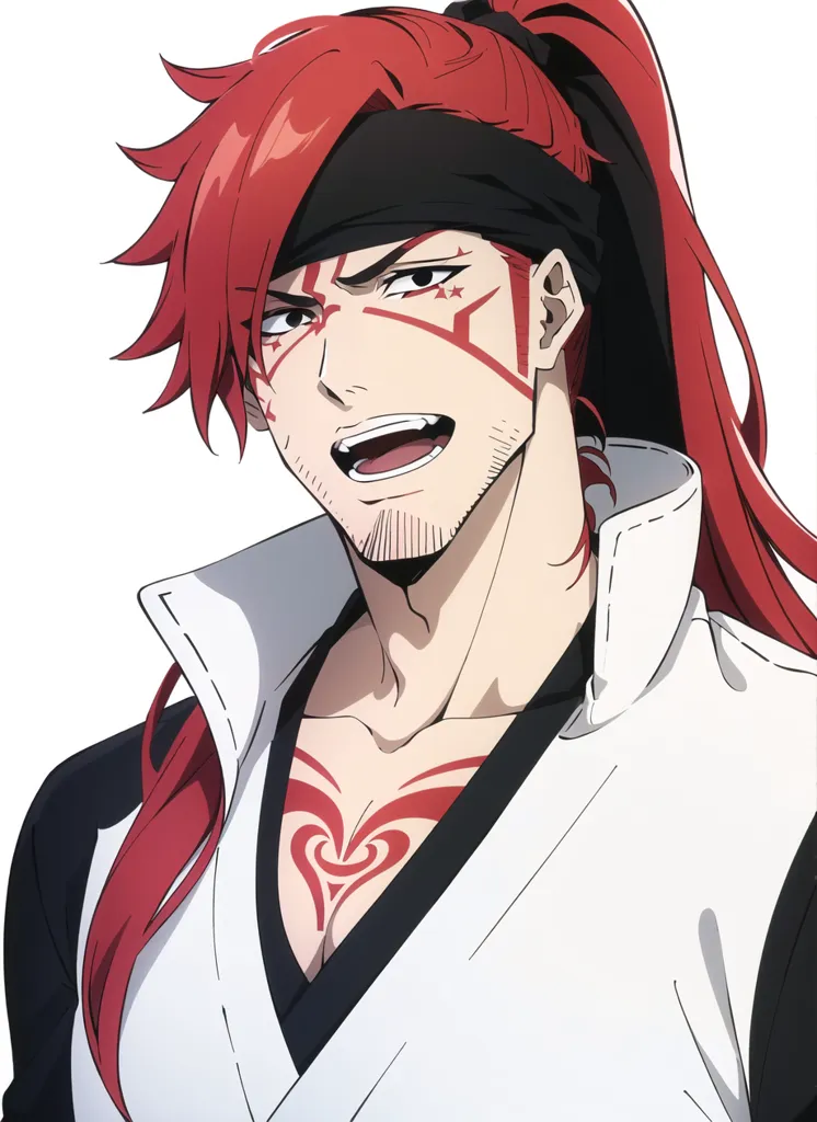 The image shows a man with red hair and red eyes. He is wearing a white shirt and a black jacket. He has a headband on his forehead and a ponytail. He is smiling and has a confident expression on his face. He has a tattoo on his chest and one on his face.